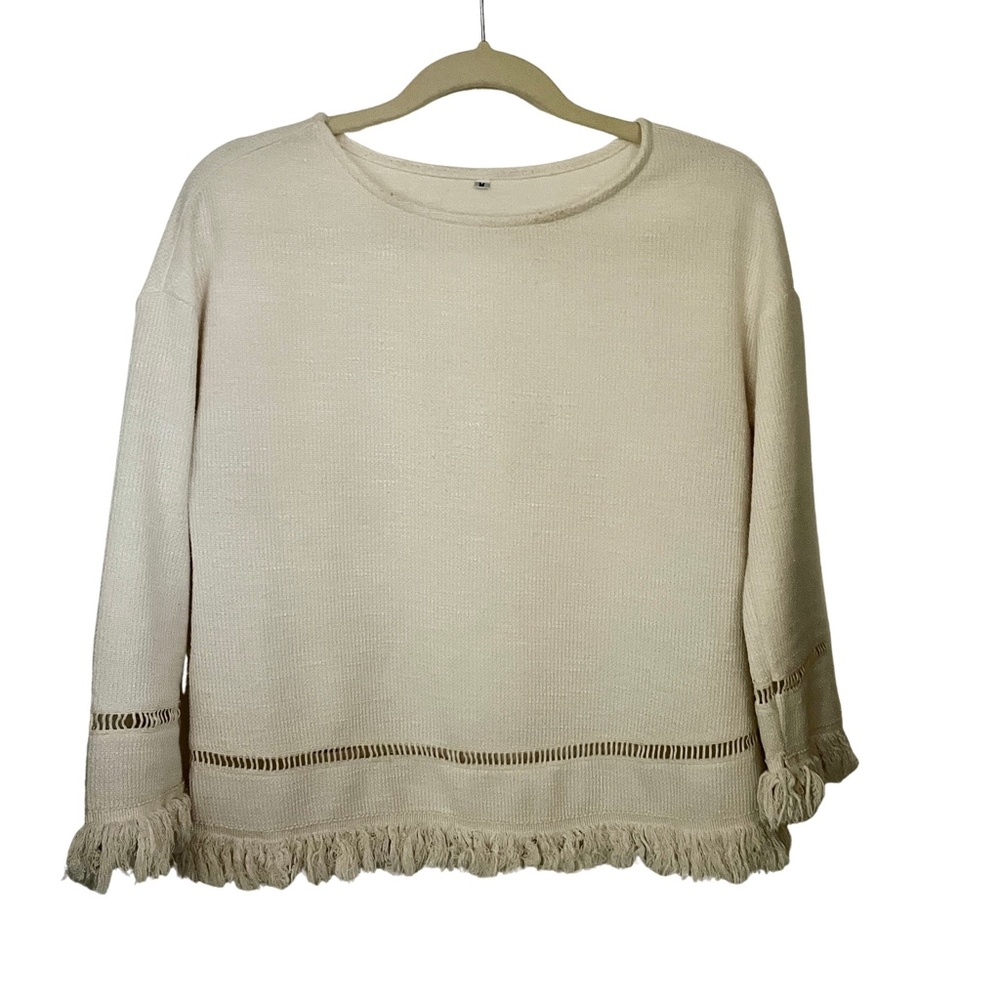 Vintage Cream Cropped Boxy Sweater with Fringe Hem and Boat Neck